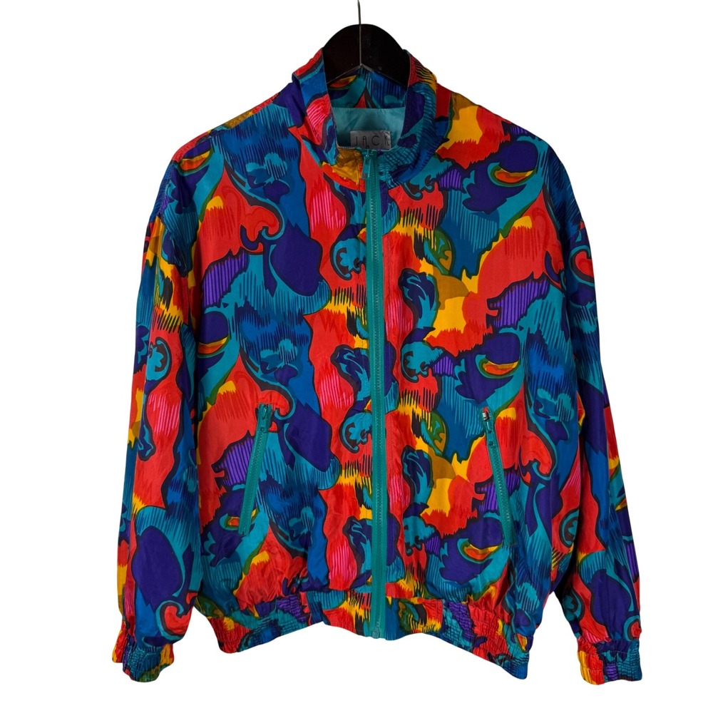 Vtg Jack Mulqueen Silk Bomber Jacket Womens Oversized Colorful Abstract 80s 90s